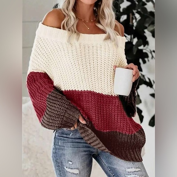 Off-Shoulder Color Block Sweater - Picture 1 of 6
